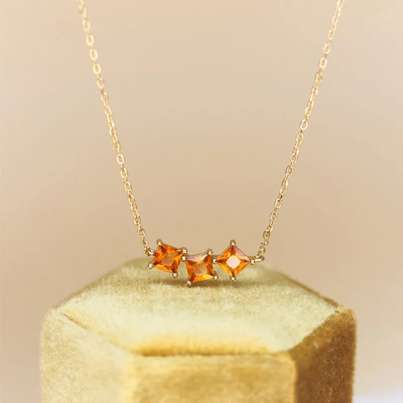 Real 925 Sterling Silver Geometric Vintage Orange Square Zircon Pendant Necklace 14k Gold Plating Wedding Jewelry