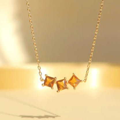 Real 925 Sterling Silver Geometric Vintage Orange Square Zircon Pendant Necklace 14k Gold Plating Wedding Jewelry