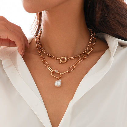 Advanced alloy OT buckle thick chain necklace Baroque pearl multi-layer collarbone chain for women